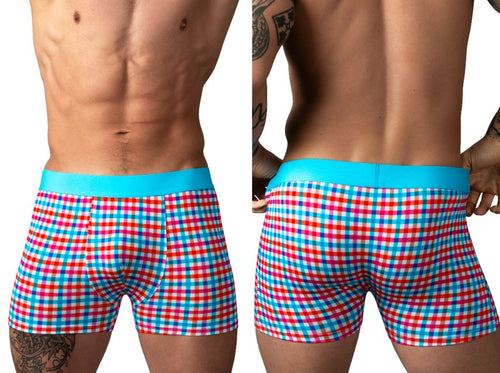 Male Power So Comfy boxer briefs in a red, white, and blue gingham print with a bright blue elastic waistband.
