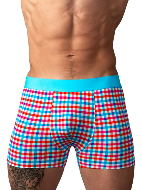 Male Power So Comfy boxer briefs in a vibrant red, white, and blue gingham print with a solid light blue waistband.