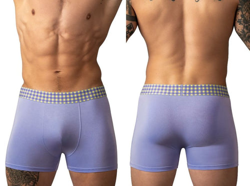 Purple boxer briefs with a yellow and blue gingham waistband. Comfortable men's daily underwear.