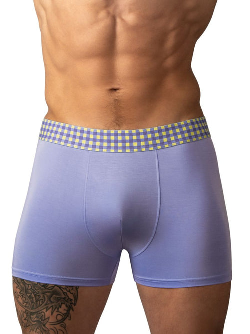 Purple Male Power boxer briefs with a yellow and purple gingham elastic waistband, designed for comfortable daily wear.
