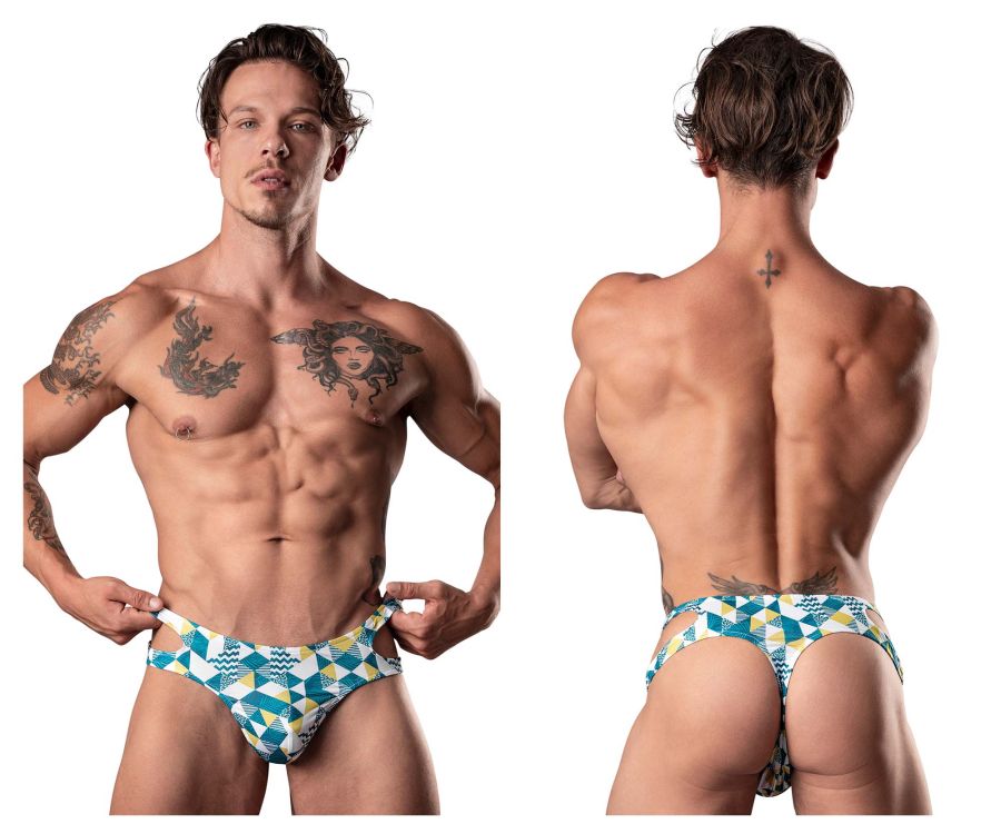 Tanga con aberturas Male Power 237-292 Cut It Out Color Azul-Verde-Blanco