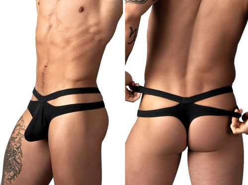 Black Male Power Eco Cozy cutout thong with dual waistband straps and minimalist back coverage.