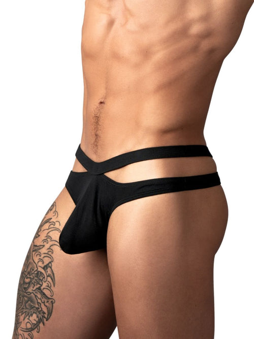 Black Male Power Eco Cozy cutout thong with dual waistband straps for men, shown on a fit torso.