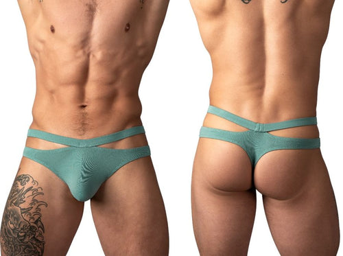 Green Male Power Eco Cozy cutout thong for men, featuring a dual-strap waistband design in a soft, ribbed fabric.