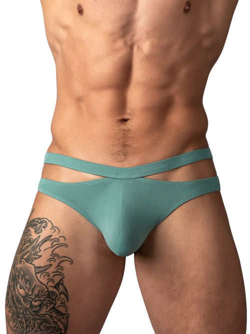 Green Male Power eco-friendly cutout thong with a double-strap waistband for provocative men’s intimate wear.