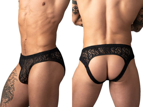 Black Male Power Ripple Moon jockstrap made of sheer, patterned lace for intimate wear.