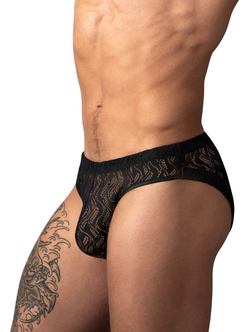 Male Power black jockstrap in sheer, patterned lace for intimate, fashion-forward men's wear.