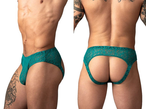 Teal lace jockstrap with open-back design, worn by a man, featuring a comfortable, supportive fit.