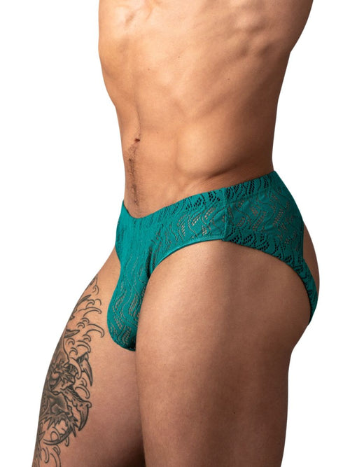 Teal jockstrap in sheer, wavy patterned lace. Form-fitting men's intimate apparel.