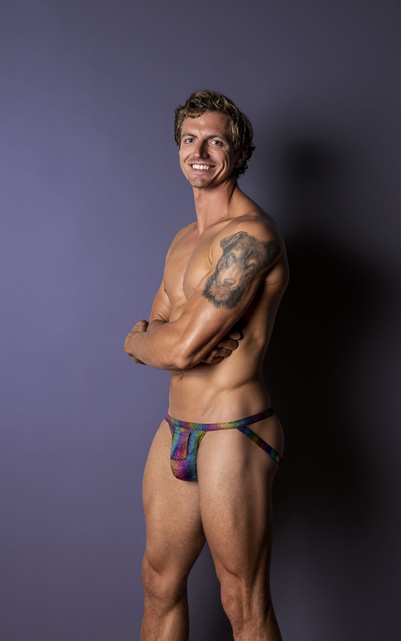 Male Power 347-297 Pack N Play Jock mit Kondomtasche vorne, Farbe Regenbogen