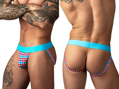 Male Power jockstrap in a multicolored gingham print with a bright blue elastic waistband, designed for active wear.