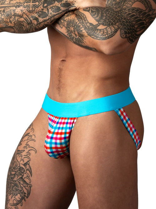 Male Power So Comfy jockstrap in a multicolored gingham print with a bright blue elastic waistband.
