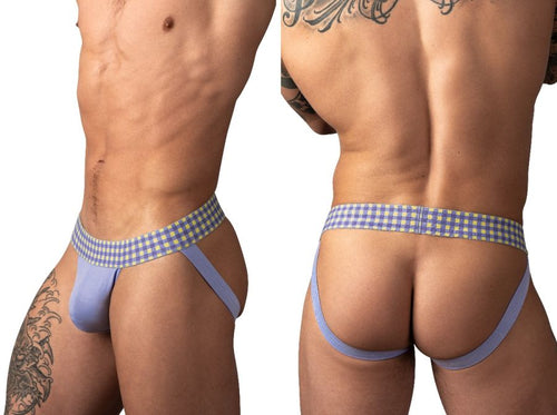 Purple Male Power So Comfy jockstrap with a yellow and purple gingham waistband, worn for athletic support.