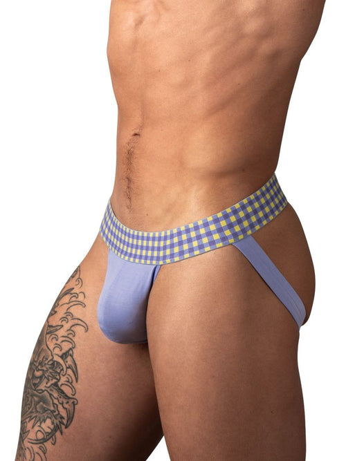 Purple jockstrap with a gingham-patterned waistband for men, designed for comfortable everyday athletic wear.