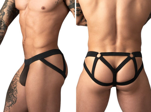 Black mesh men’s jockstrap with decorative ring and strappy open-back design. Sensual, athletic intimate apparel.