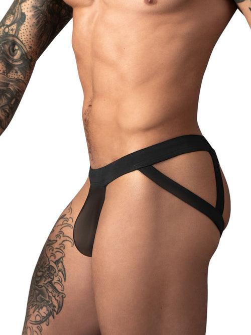 Black sheer mesh jockstrap with dual straps, designed for sensual wear.