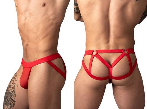 Red mesh jockstrap featuring a strappy design with metal rings and an exposed back for a provocative look.
