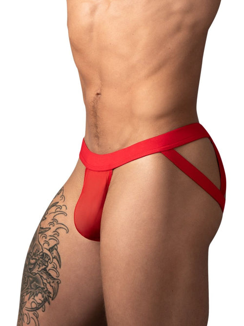 Red mesh 2-strappy ring jockstrap for men, featuring a supportive pouch design for athletic or intimate wear.