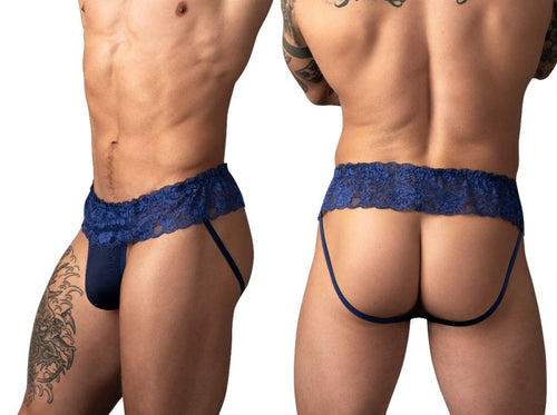 Navy blue jockstrap featuring a delicate lace waistband and a solid pouch, designed for intimate wear.