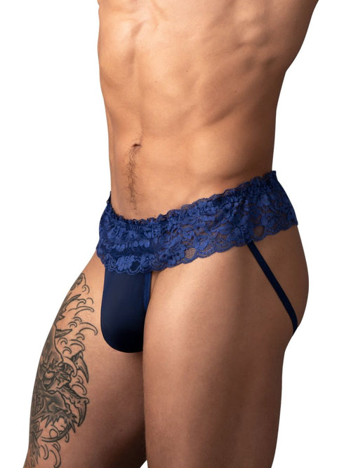 Navy blue Male Power jockstrap featuring a sheer pouch and a decorative, scalloped lace skirt waistband.