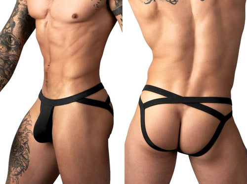 Male Power black Eco Cozy jockstrap with a supportive pouch and crisscross elastic back straps. Comfortable menswear.