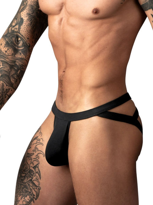 Black Male Power Eco Cozy jockstrap with dual straps, featuring a soft, supportive pouch for athletic wear.