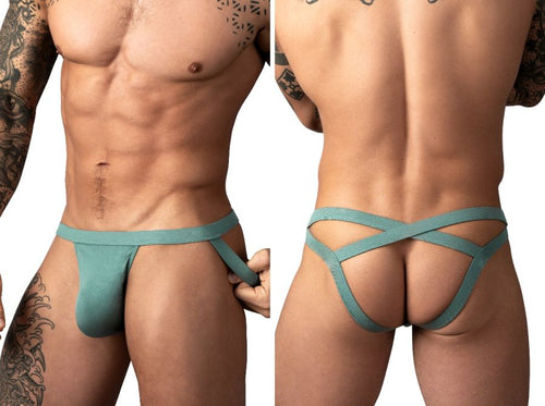 Male Power Eco Cozy jockstrap in sage green with a supportive pouch and crisscross back straps for athletic wear.