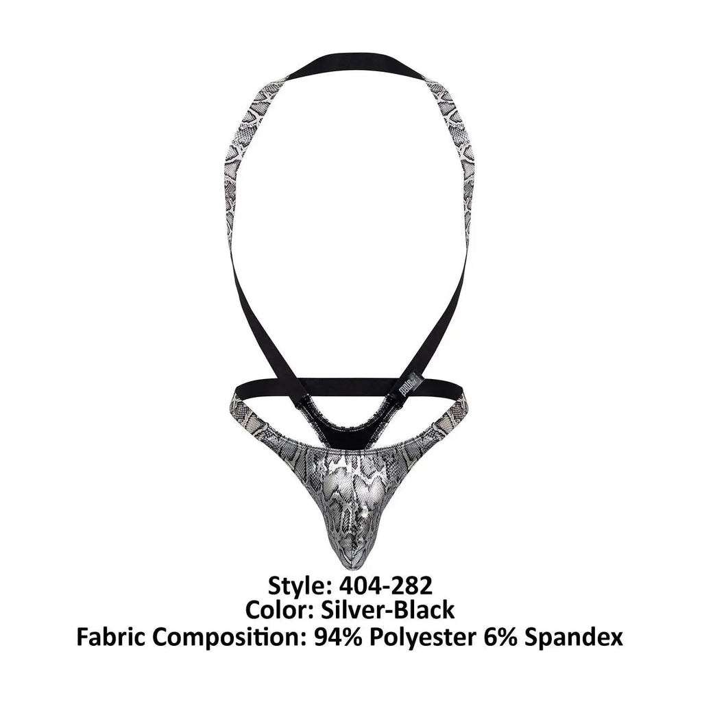 Ropa Interior Masculina Male Power 404-282 Suspensorio de Hombro Desnudo con Tirantes Tanga Color Plata-Negro