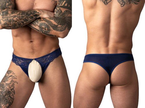 Navy blue lace open-ring thong for men, featuring a contrasting beige pouch. Front and back view of the intimate wear.