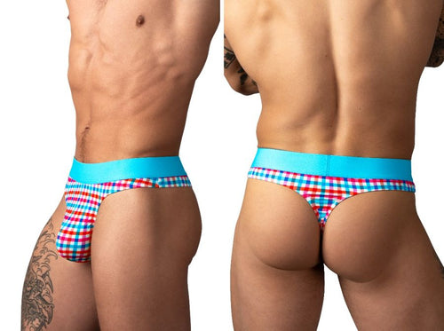 Male Power men’s thong in colorful gingham print with a bright blue elastic waistband, designed for daily wear.