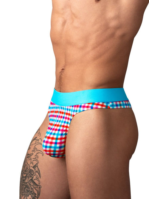 Male Power So Comfy thong in a multi-colored gingham print with a vibrant blue elastic waistband.