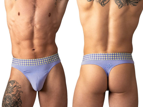 Male Power purple thong with a yellow and purple gingham elastic waistband, worn by a man. Front and back view.