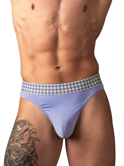 Male Power purple thong in a smooth fabric, featuring a yellow and purple gingham print elastic waistband.