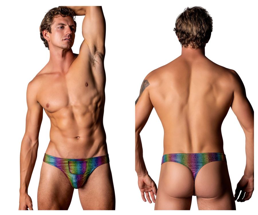 Male Power 421-297 Pack N Play Tanga mit Kondomtasche vorne, Farbe Regenbogen