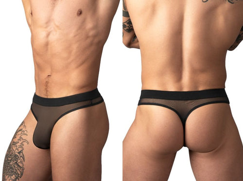 Male Power black mesh thong with a solid elastic waistband, shown from front and back views for intimate apparel wear.