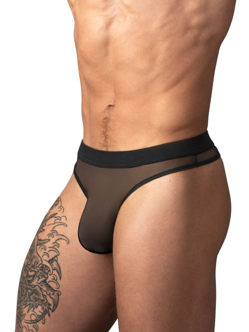 Male Power black mesh thong for men with a contoured pouch and elastic waistband, designed for intimate wear.