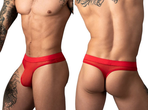 Male Power red mesh thong with a solid waistband, shown from front and back on a fit male model.
