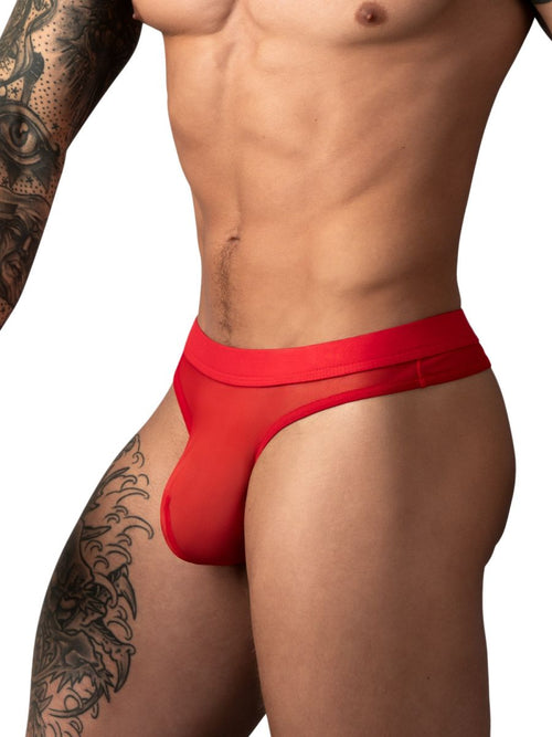 Red mesh men's thong underwear with a solid waistband, designed for intimate wear.