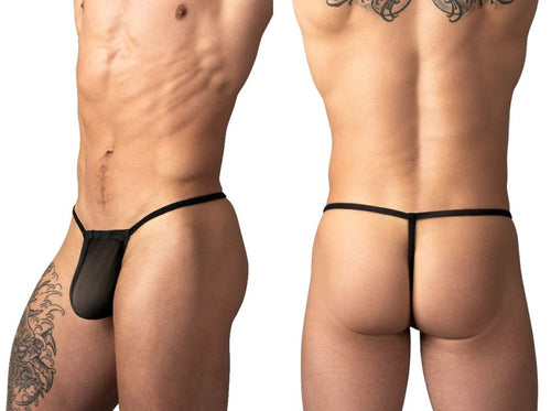 Black Male Power mesh G-string, showing front and back views on a male model.