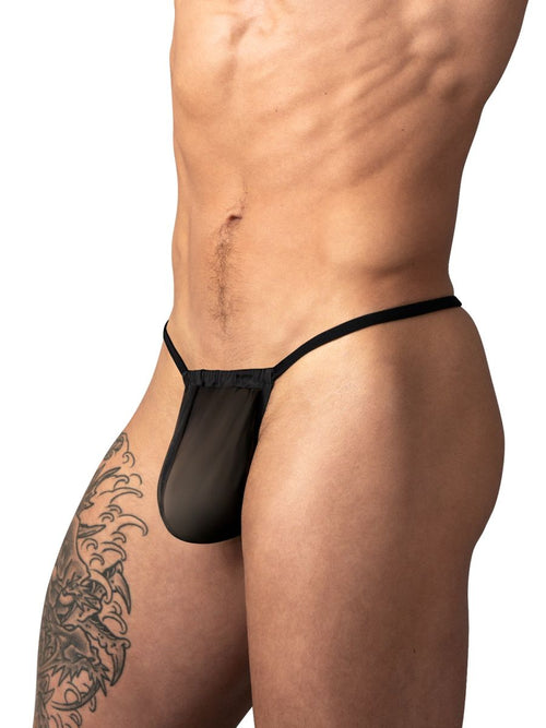 Black Male Power G-string made of sheer mesh fabric, designed for minimal coverage.