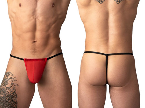 Front and back view of a men's red mesh G-string with thin black side straps, designed for minimal coverage.