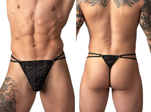 Black Male Power ripple texture micro V-string thong with dual side straps and ring accents for men.