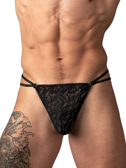 Black ripple-patterned lace V-string thong with double side straps, designed as men's intimate apparel.