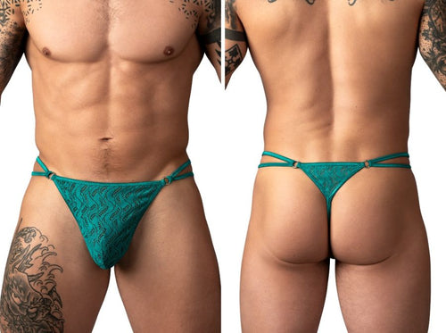Teal ripple-textured micro v-string thong for men with ring-detail side straps and minimal coverage.