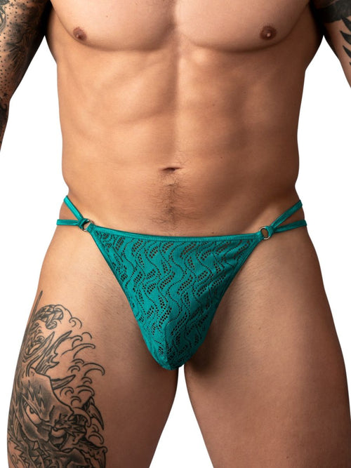 Teal ripple-textured micro V-string thong for men, featuring delicate lace-like pattern and side O-ring detail.