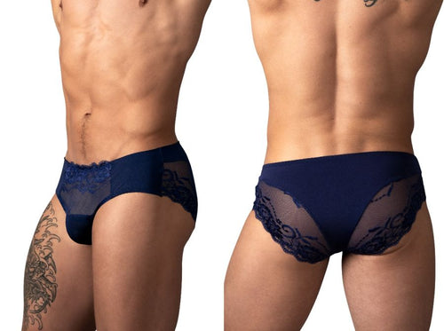 Male Power navy blue bikini underwear featuring a solid front pouch and sheer floral lace side panels.