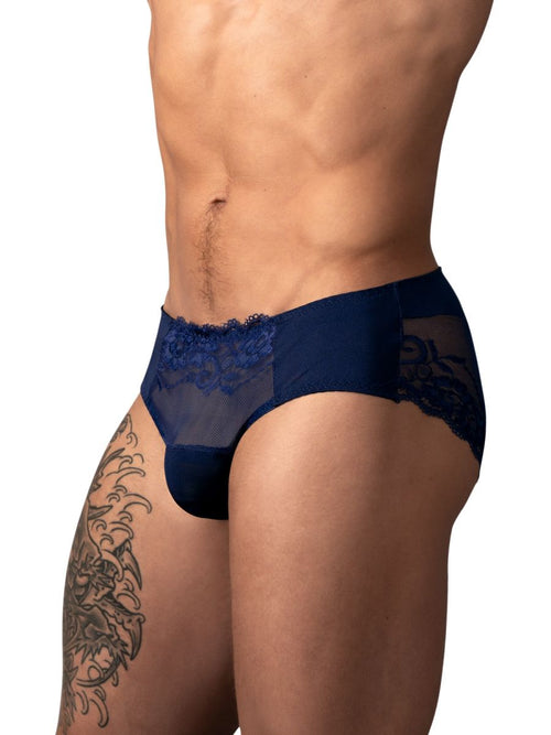 Navy blue men's bikini with lace and mesh detailing and a solid pouch, designed for intimate wear.