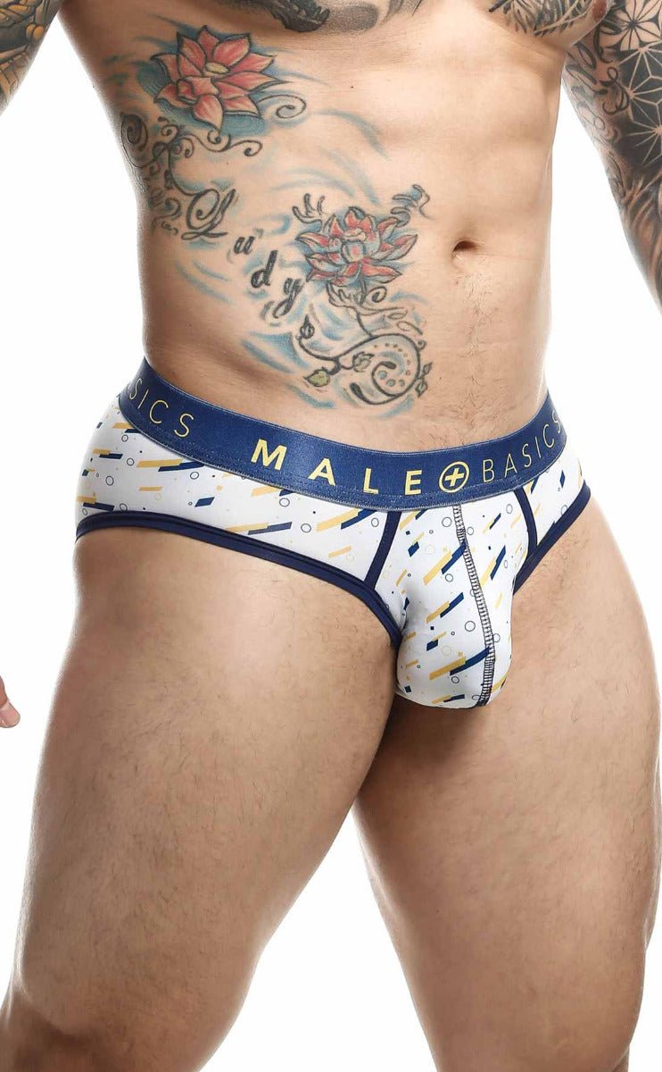 White and navy blue patterned men’s briefs with a bold male basic waistband in a sexy pouch design final sale