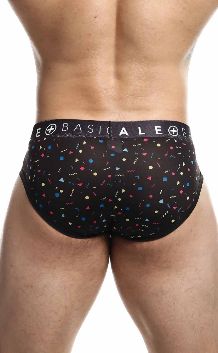 Black malebasics men’s briefs with vibrant multicolored geometric shapes and confetti patterns in sexy pouch design