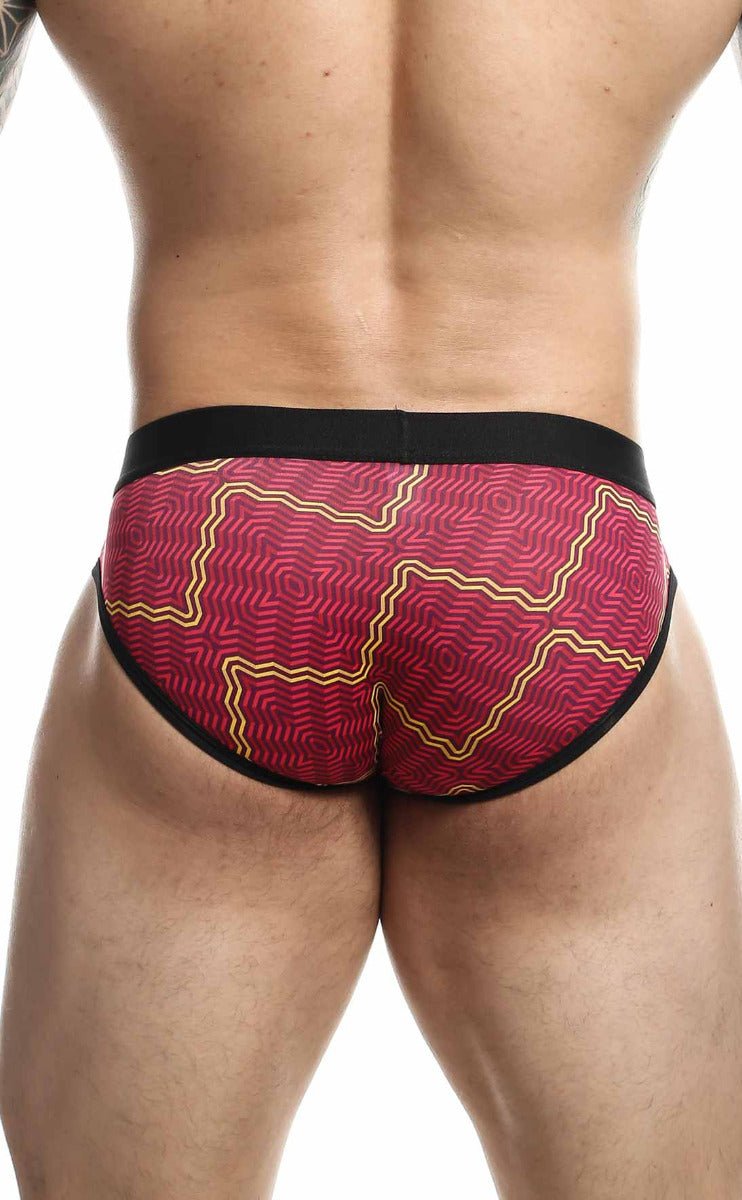 Malebasics brief sexy pouch in red and yellow geometric pattern with black trim designed for a snug fit